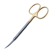 TC Iris Scissor Curved Square Edge Shanks Overall Length 4 1/2" (11.5cm) Sharp Pointed Tips Larger Ring Handles Which Are Gold Plated To IndicateTungsten Carbide Inserts 